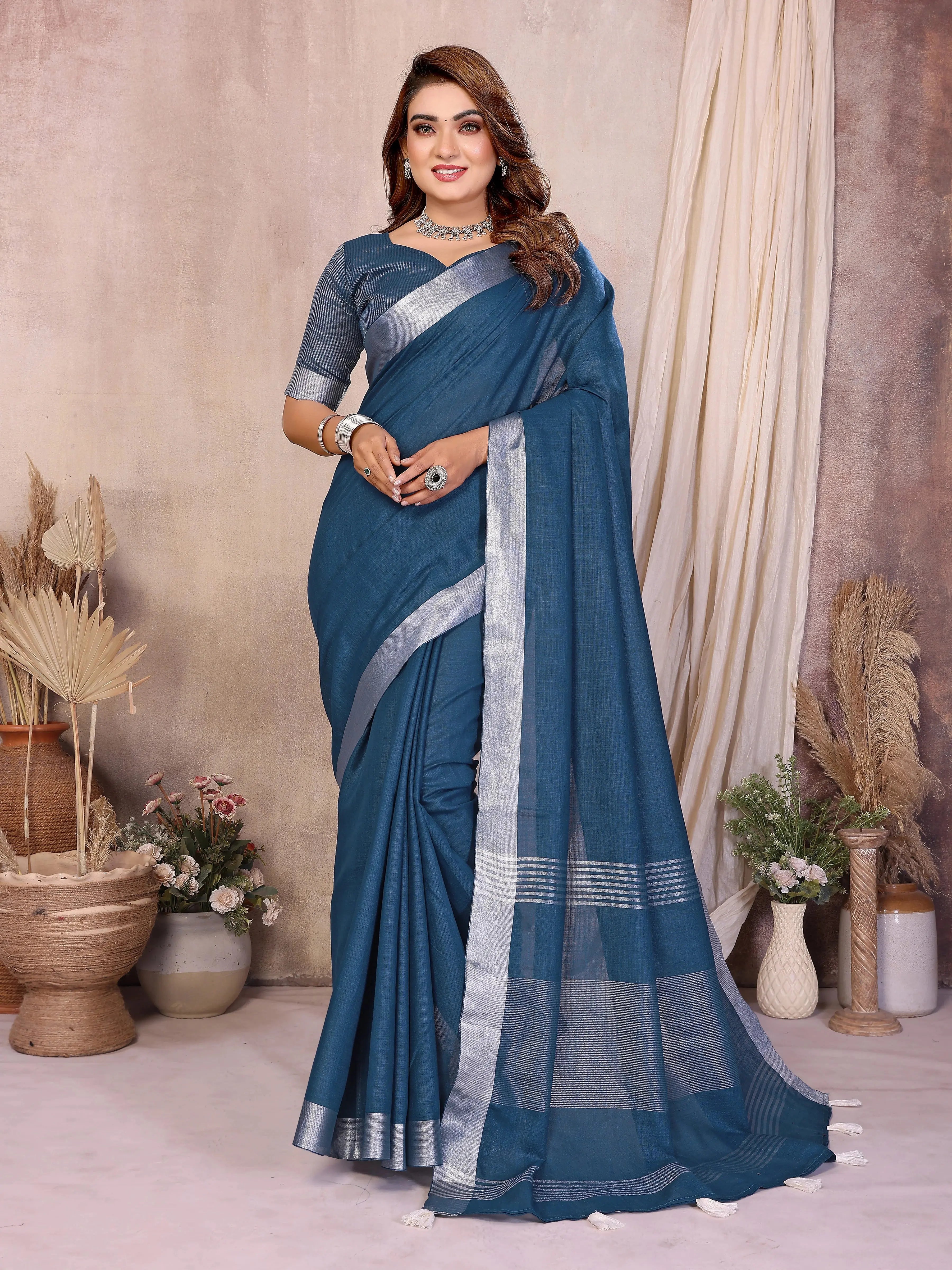 Blue Zari Border Soft Linen Cotton Saree – Kalyanja